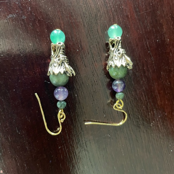 NWOT Green and Purple Jade Dragon 🐉 Plated Gold Earrings - Picture 2 of 2